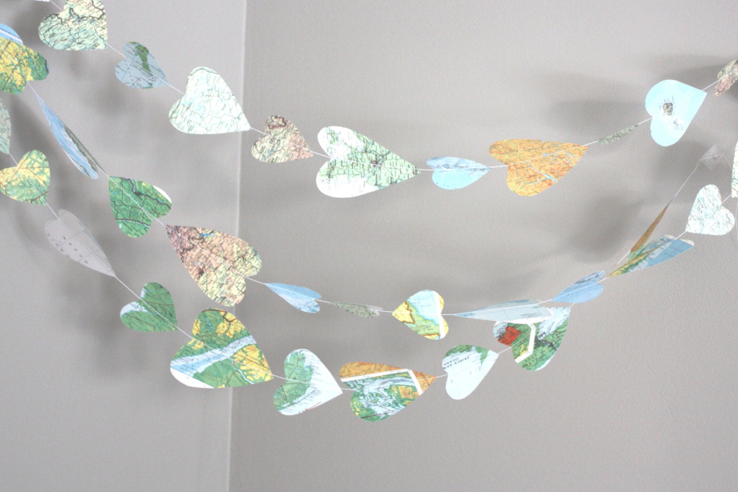 repurposed atlas paper heart garland. 10 ft.   wedding decoration, bunting, photo prop, party decoration, wedding garland, valentine garland