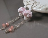Pink with White Roses lampwork, Opal Sterling earrings