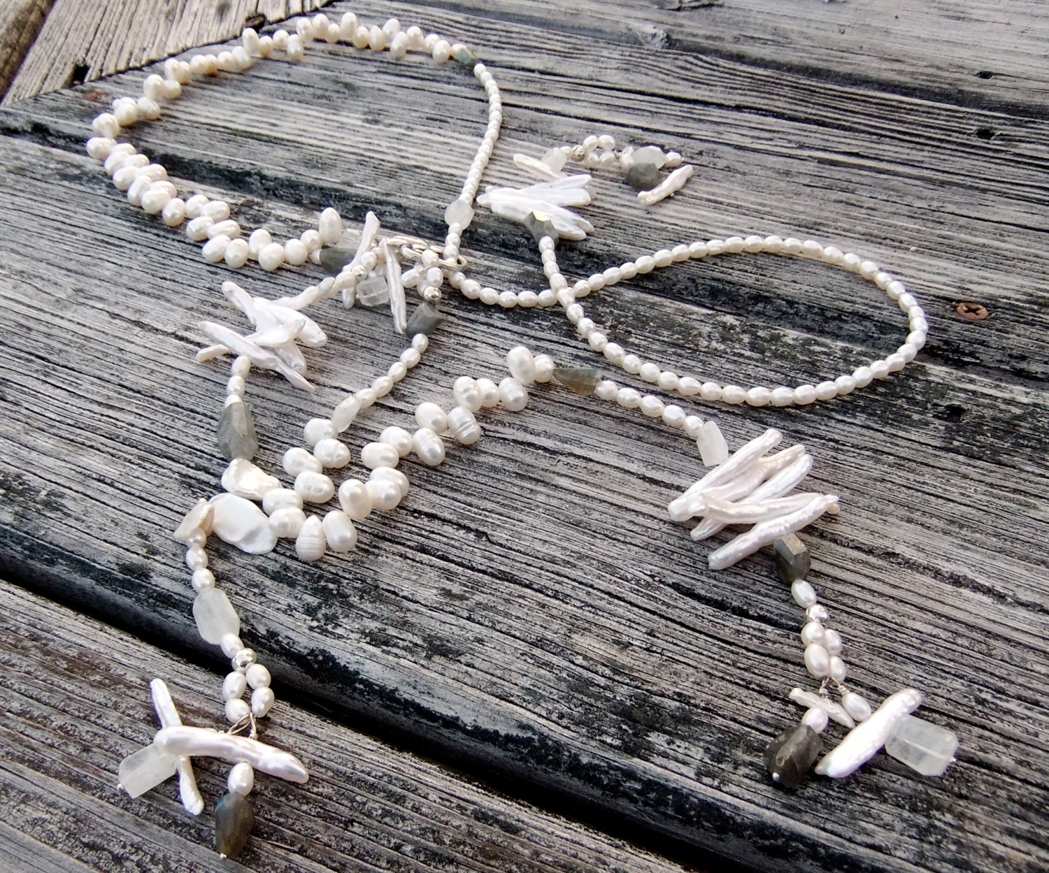 LUXE LARIAT Necklace Labradorite Rainbow Moonstone Keishi Freshwater Stick Pearls Sterling Silver