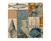 Sea Life, Bricolage no 97 - Original COLLAGE Mixed Media on 4" x 4" Panel