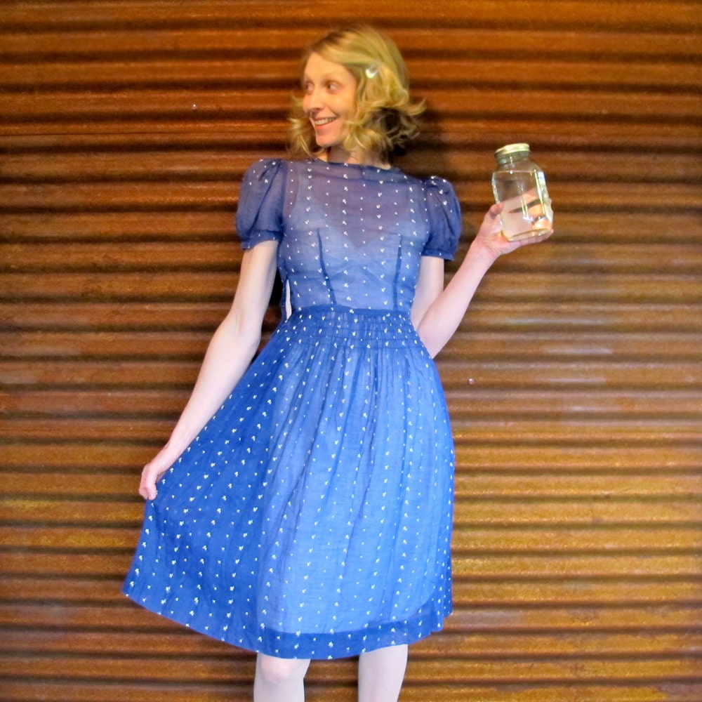 1940s Sheer Day Day Dress in Navy Blue, White Embroidery, Size XS, Extra Small
