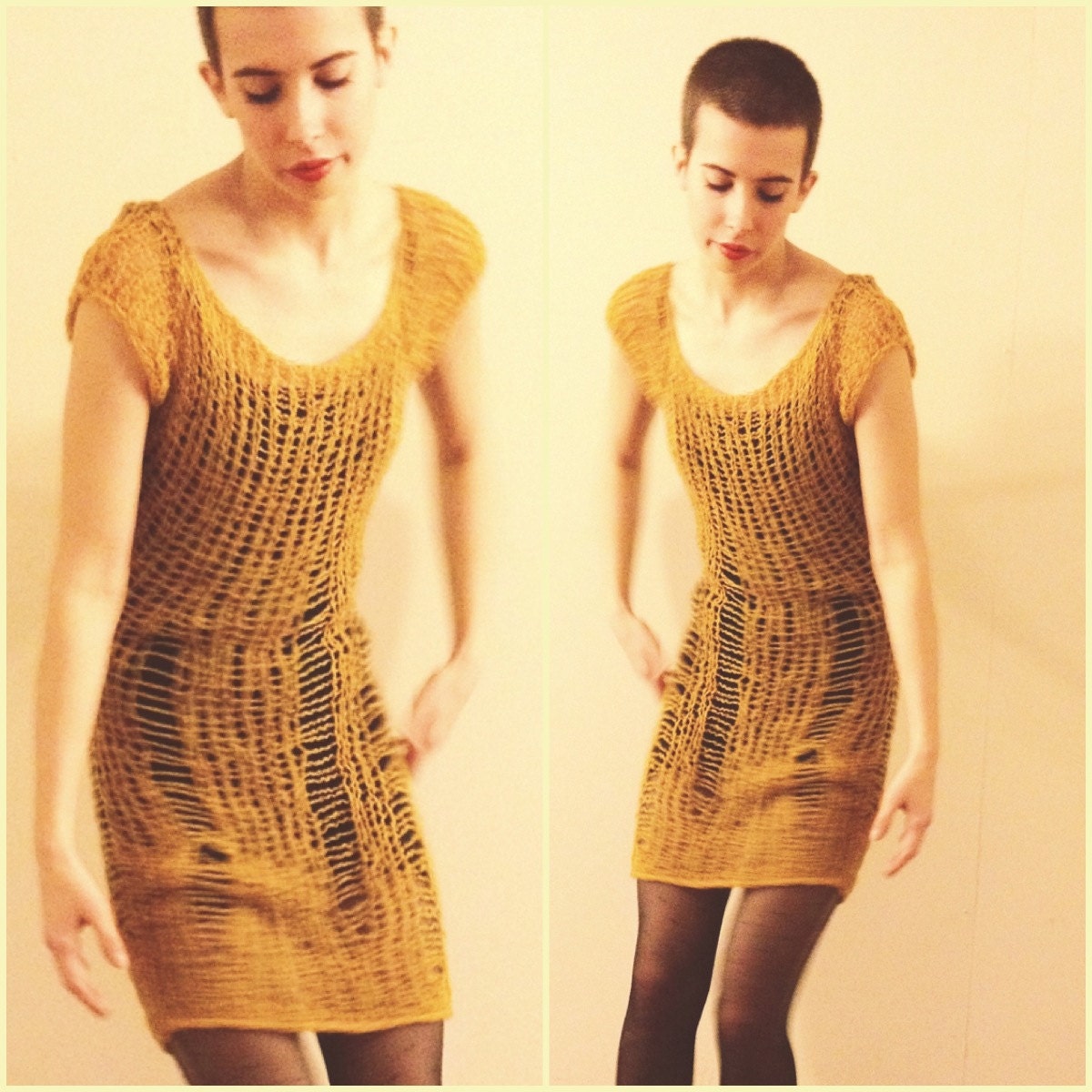Golden yellow knitted dress - Small Medium - ripped lace effect