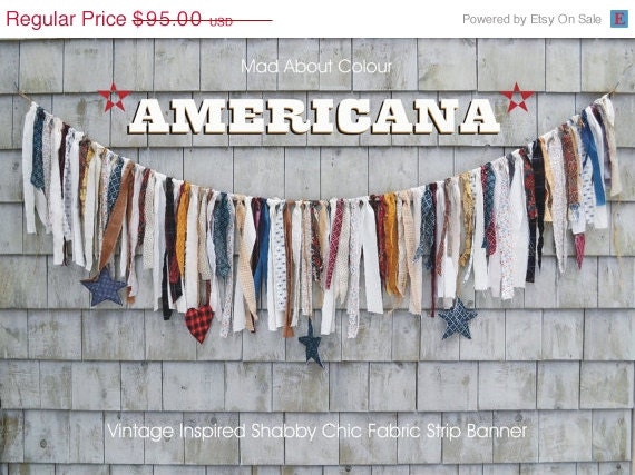 SALE AMERiCANA Fabric Fringe BANNeR PHoTo PRoP 6 ft SHaBby CHiC Garland w STaRs HeArts Vintage Ivory Blue Red MaDe to ORDeR PaRty DeCor