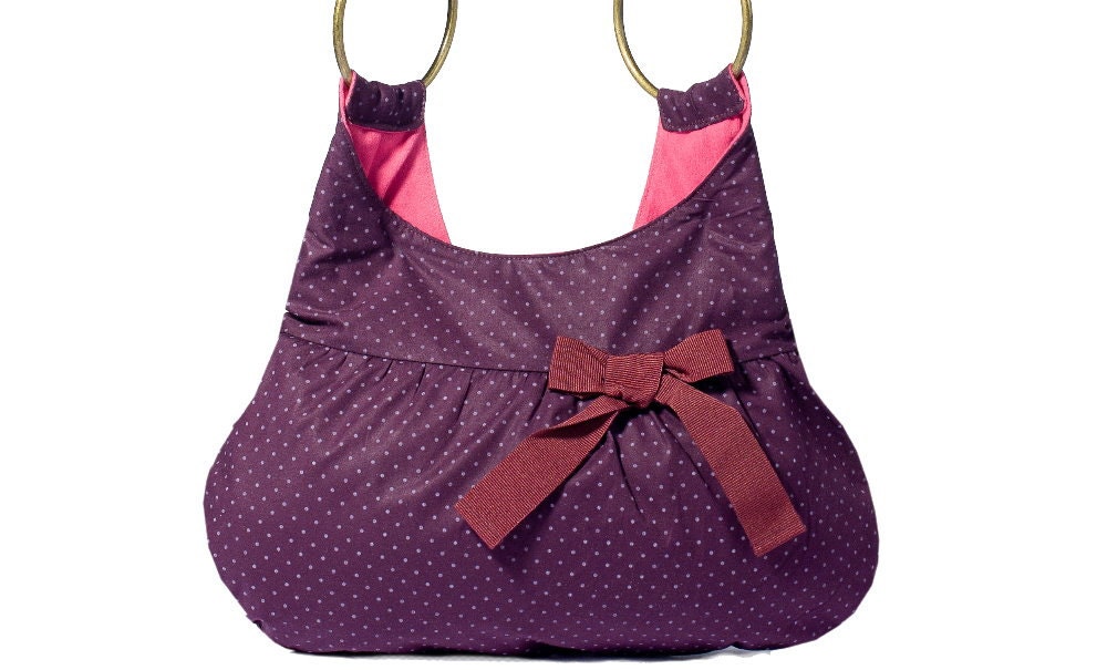 Little tote bag purple polka dot cotton burgundy ribbon Zipper closure Handmade