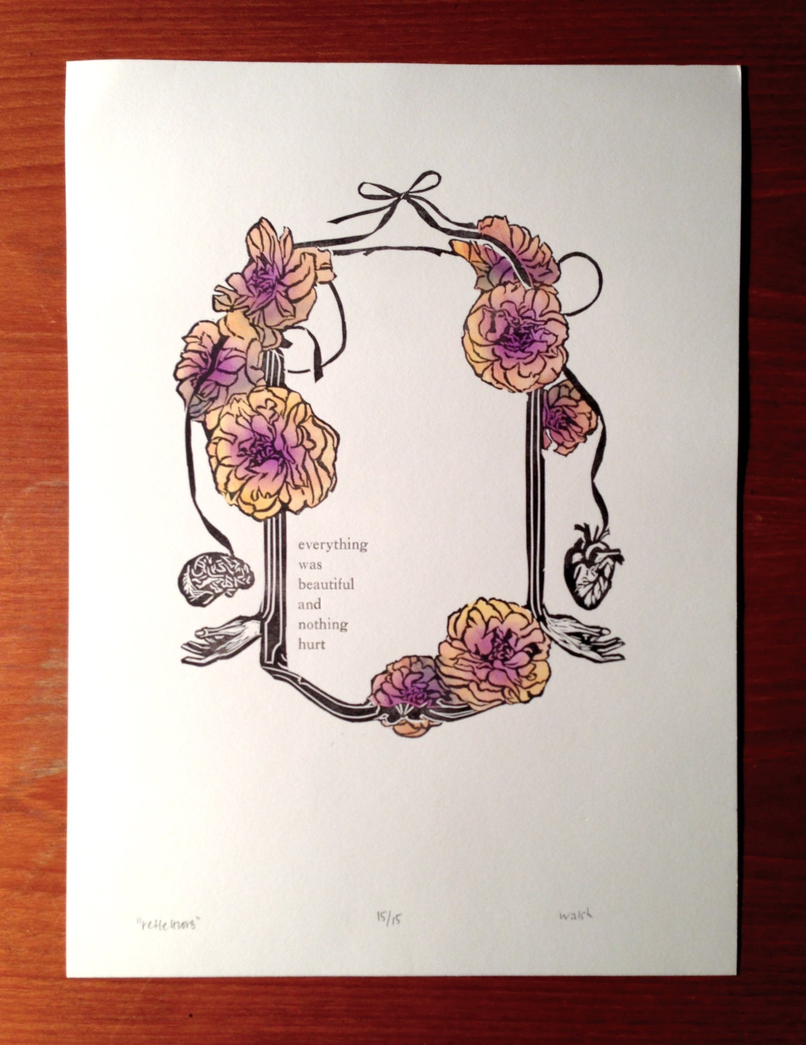 Reflections - hand pulled print with letterpress and pochoir coloring