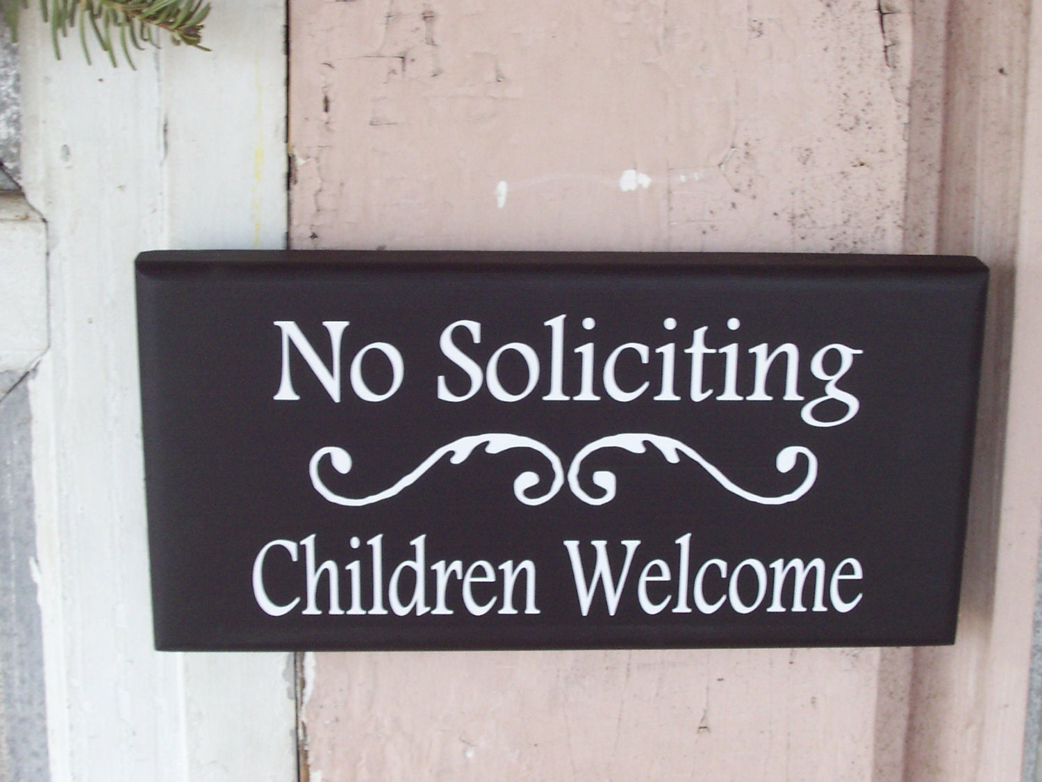 Whimsical Wood Vinyl Sign - No Soliciting Children Welcome Door Wreath Family Home Decor Sign