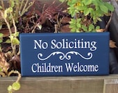 No Soliciting Children Welcome Whimsical Wood Vinyl Sign Door Wreath Family Home Decor Navy Blue Sign