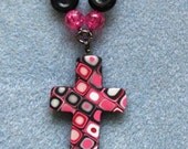 Retro Chic Geometric Pink Black Christian Polymer Clay Cross Pendant Necklace