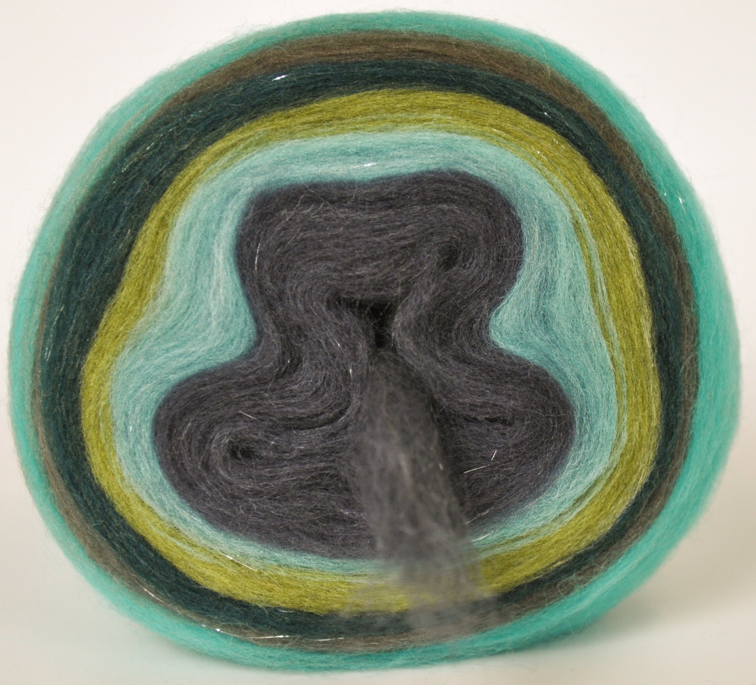 OVER the RIVER and through the WOODS- Self Striping Spontaneous Spinning Roving Bullseye Bump - (5.4 oz. center-pull bump)