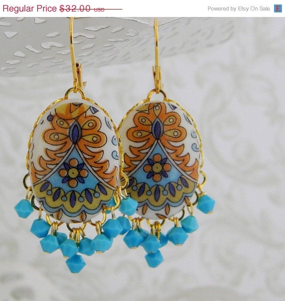 Vintage German  Decal Swarovski Turquoise Cluster Earrings