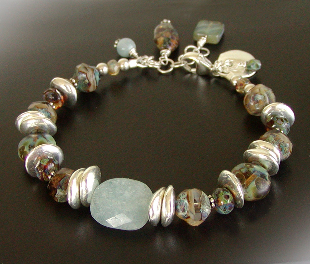 Rustic Aquamarine Bracelet - Czech Glass Jewelry, Sterling Silver