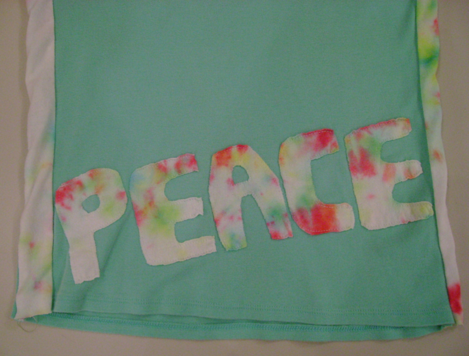 Peace and Peace Symbol Appliqued on Small Mint Green Fitted V Neck Refashioned T shirt Upcycled