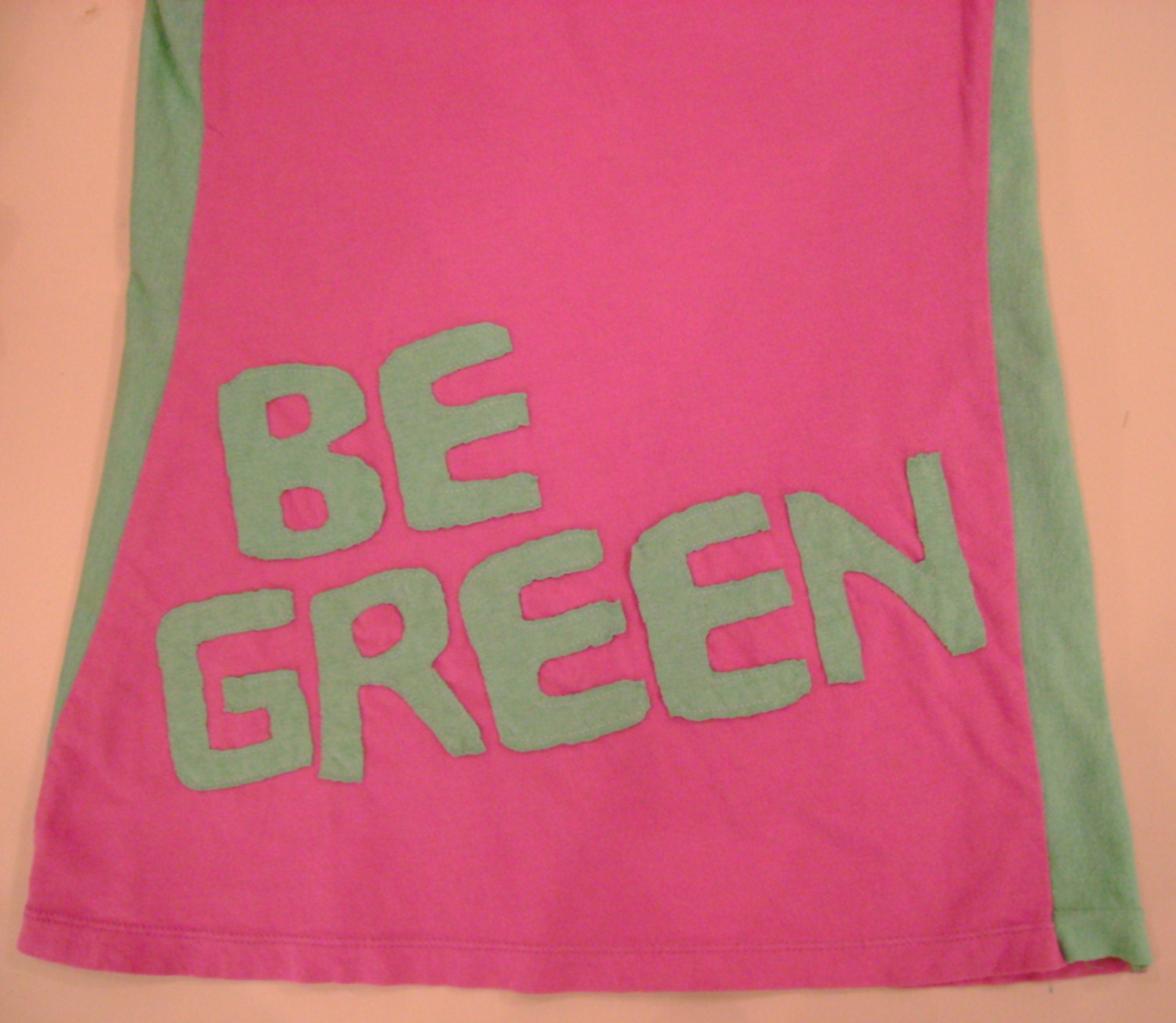 Be Green Applique on Small Purplish Pink Fitted V Neck Refashioned T shirt Upcycled