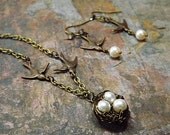 Spring Birds Nest Necklace and Earrings Set, Swallows with Eggs, Vintage Style, TPMB