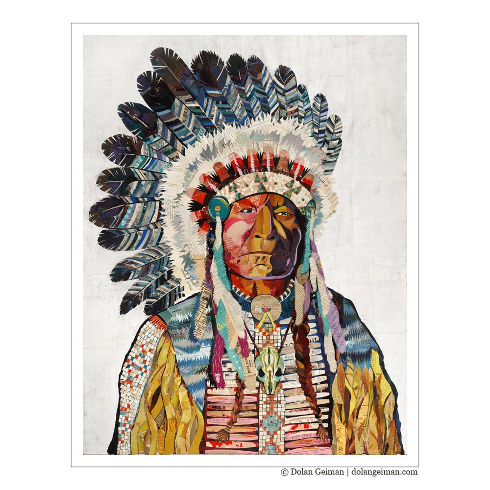 Native American Portrait, Heritage Collection: Chief, Vintage Paper Collage 16x20 Print Reproduction, Feather Headdress, Americana Art