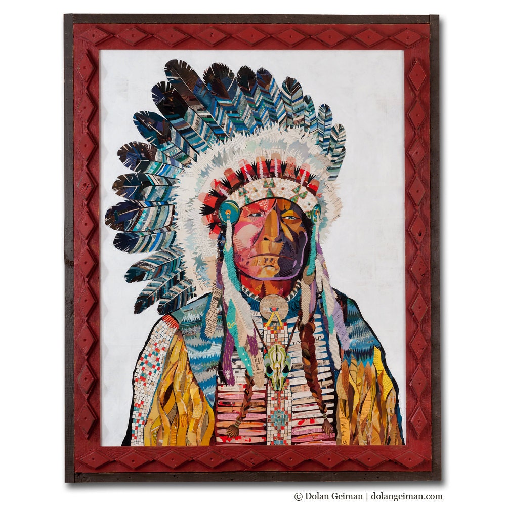Native American Tribal Portrait, American Heritage Collection: The Chief, Highly Detailed Original Paper Collage By Commission