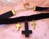 Totally Rad Black and Gold Cross Velvet Choker