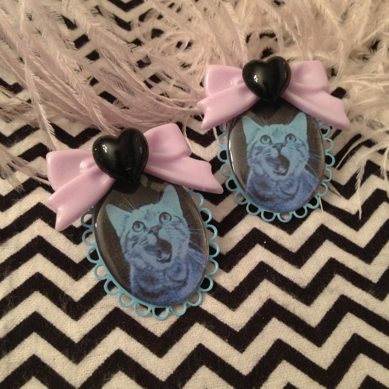 Blue Cat Cameo Earrings