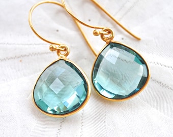 Teal Jewel Earrings. 24k Gold Vermeil Ear Wires. Fine Jewelry.