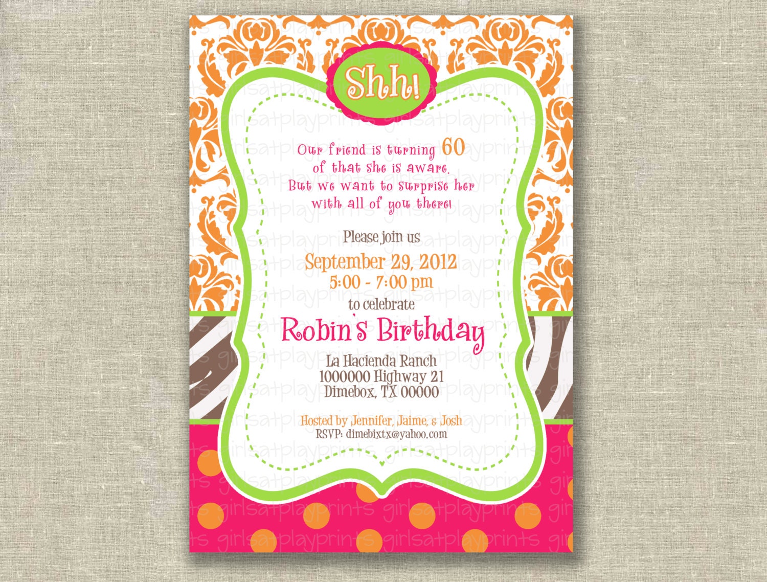 Birthday Surprise 30 40 50 Invitation Damask Animal Print - Printable by you - girls at play Il_170x135