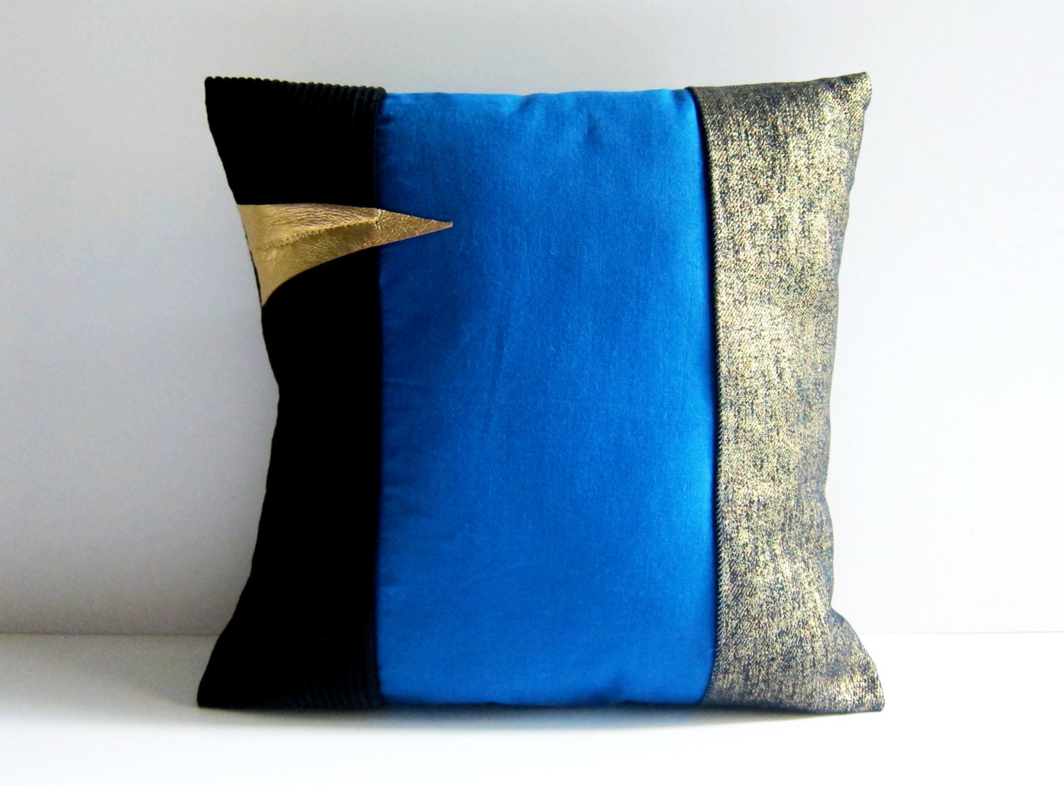 Colour block pillow striped cushion blue black gold leather detail memake handmade modern home decor