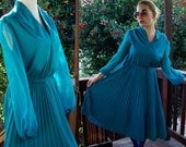 DISCO DANCING 1970's Vintage Blue Polyester Dress with Full Circle Skirt and Sheer Sleeves size Medium