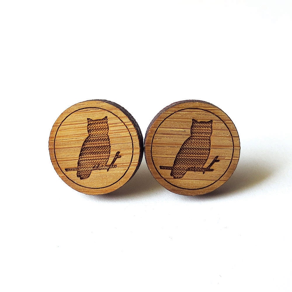 Wise Owl Earrings - Bamboo - Wood Earrings - Gifts Under 25