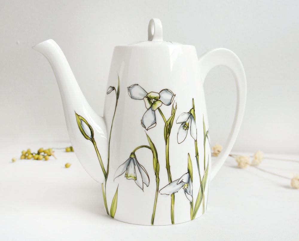 Vertical Ceramic Coffee Pot - Snowdrops, Botanical Collection