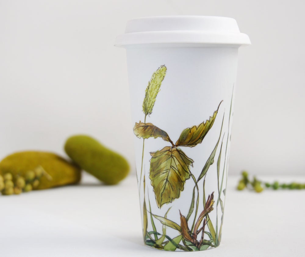 ready to ship - White Ceramic Coffee Mug Double Walled Porcelain with Lid - Fields of Grass