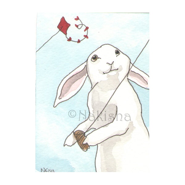 Original Watercolor Rabbit Painting - Kites - ACEO