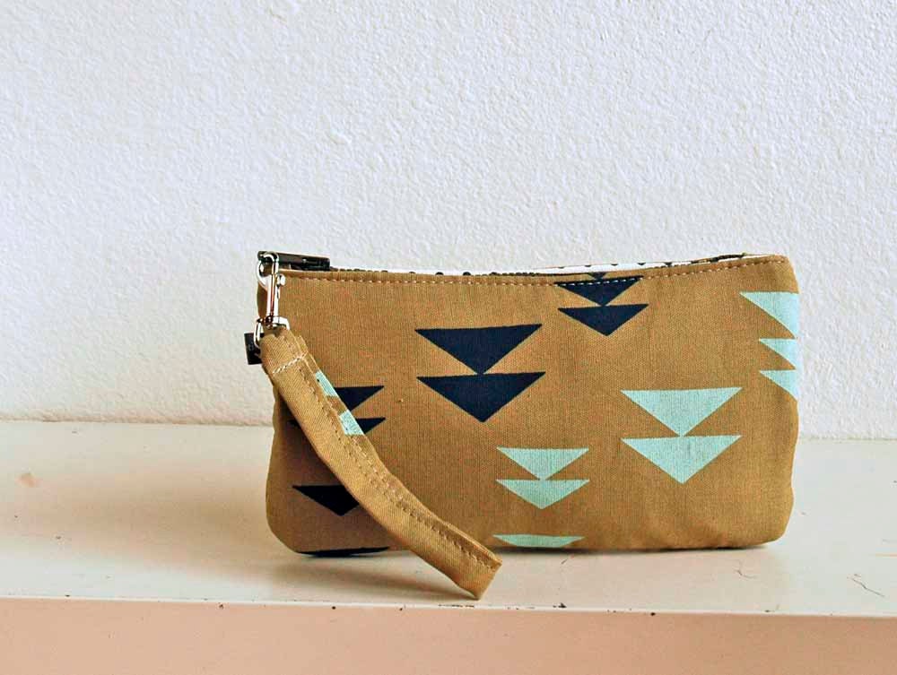 Pale Olive Canvas Wristlet with Alpine Print in Navy and Baby Blue