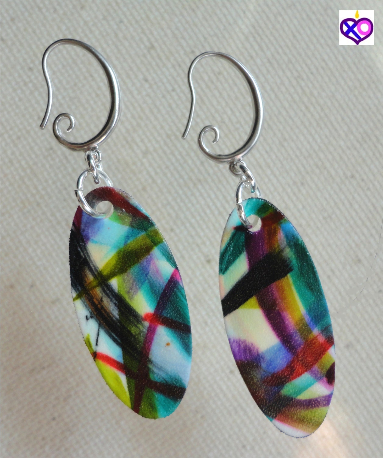 Colorful Abstract Painted Oval Oblong EARRINGS Plastic Art by XOCC