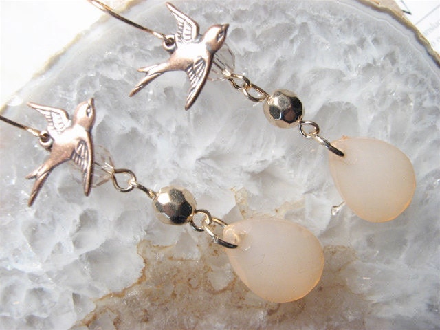 Flight, Peach Colored Lucite Earrings with Sparrow Charms