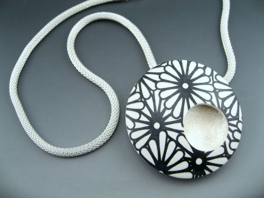 Modern black and white statement pendant necklace of polymer clay on mesh chain