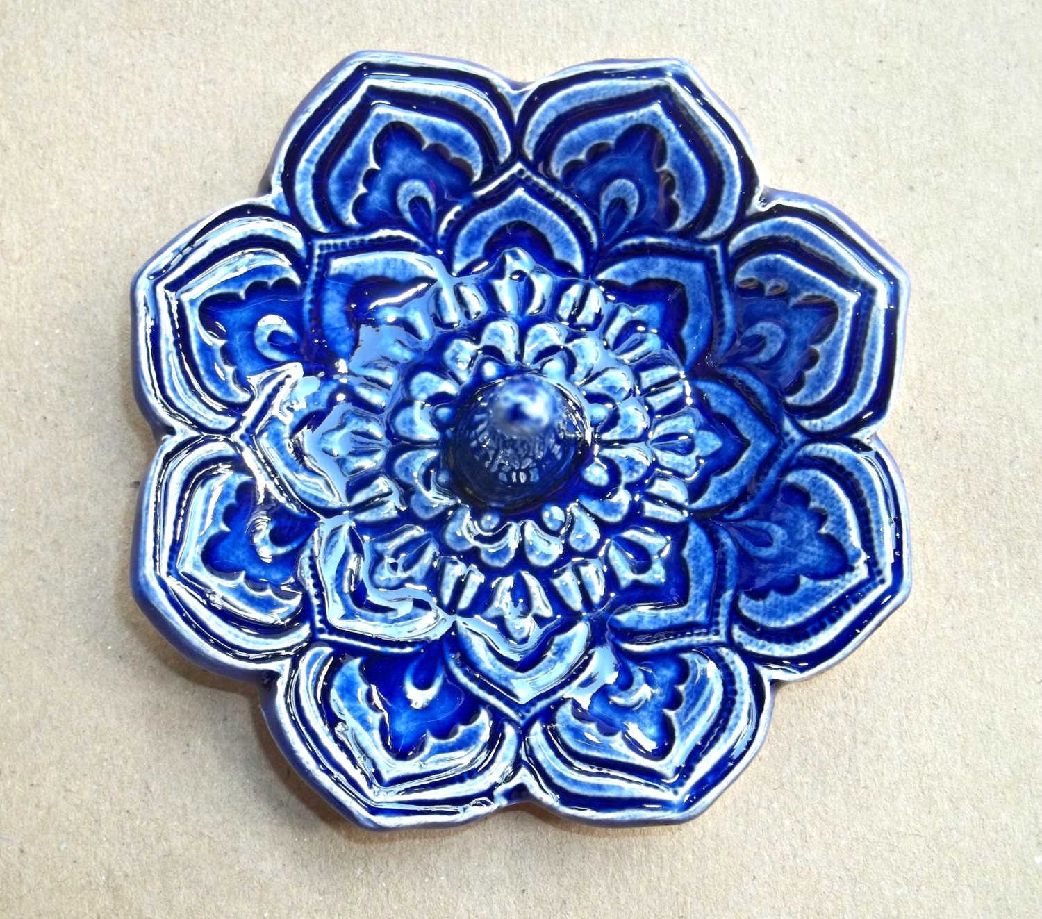 Mirror Blue Lotus Ring Holder Bowl Ring Dish  gold edged
