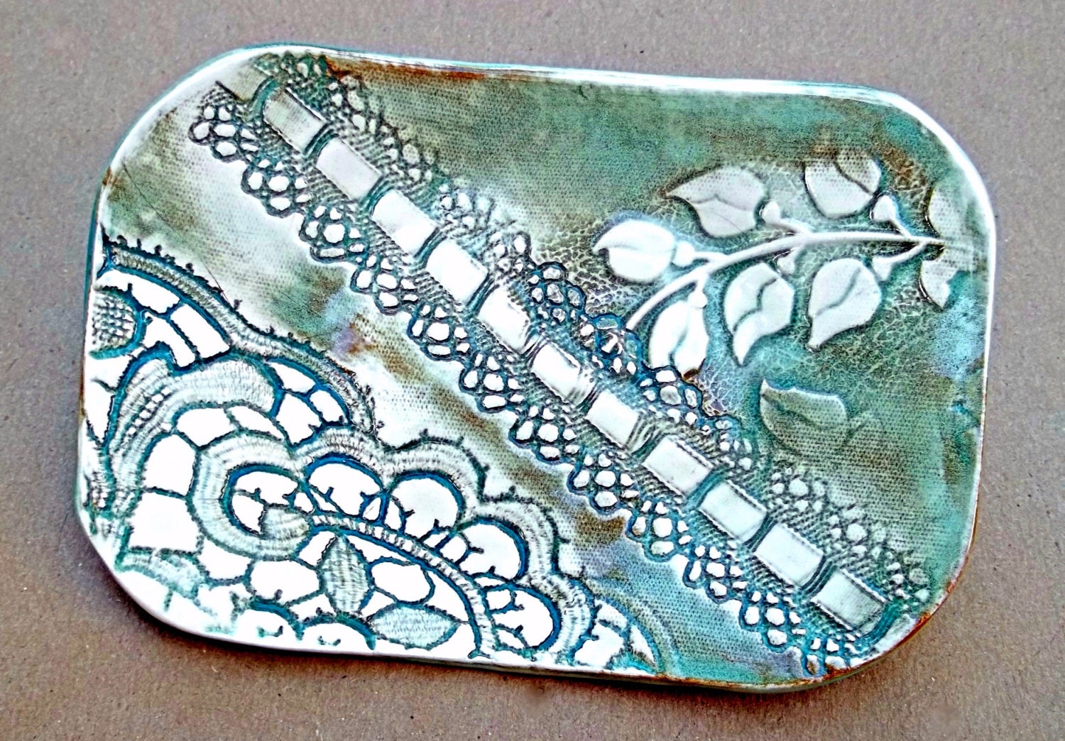 Sea Green Lace Trinket  Dish Soap Dish
