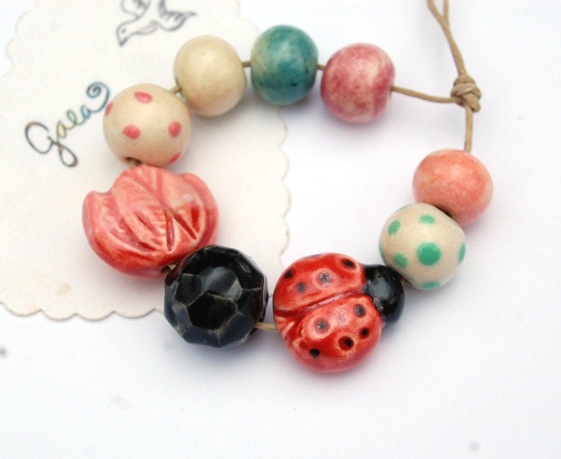 Ladybug Dream / Ladybug and Tulip Ceramic Bead Set