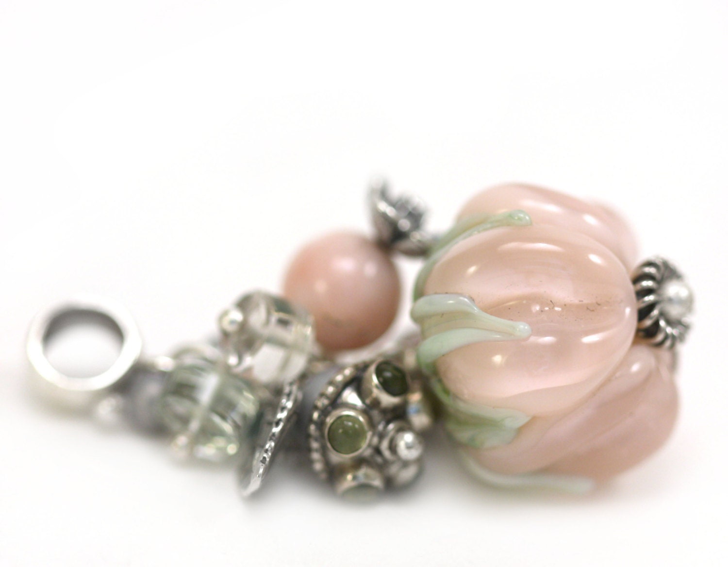 cream rose flower LAMPWORK 45mm silver handmade PENDANT