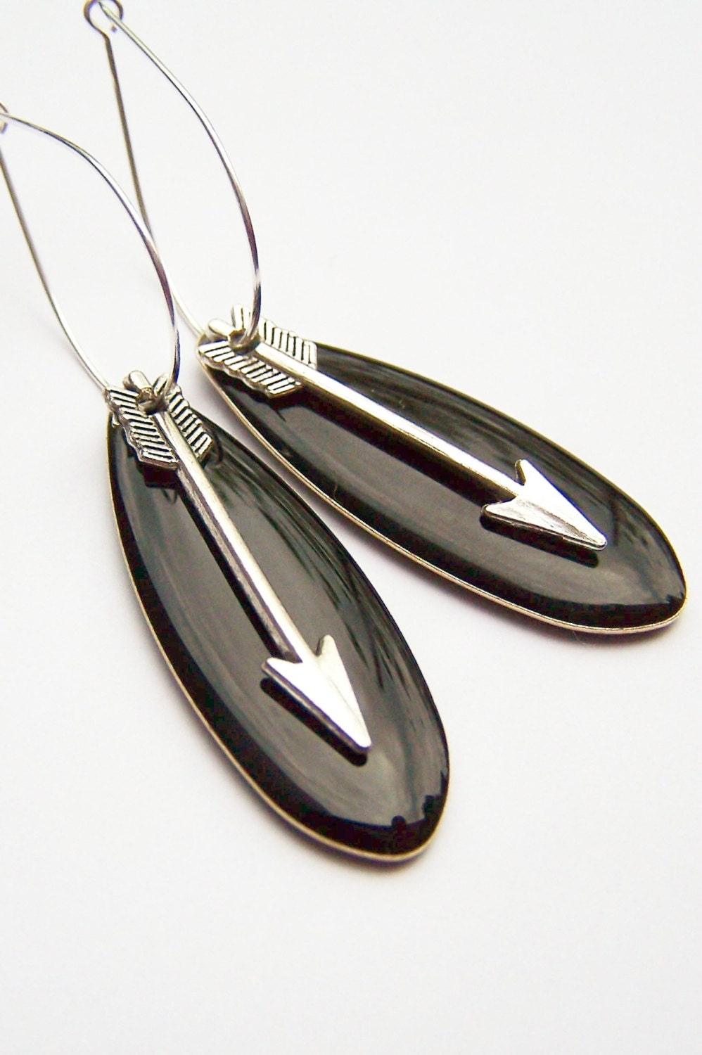 Arrow Earrings,  Black Drops with Arrows on Hoops, Jet Black Enamel Teardrops & Archery Darts - Arrows - polishedtwo