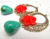 Frida Kahlo Earrings, Mexican Folk Style Dangles, Red & Turquoise with Hoops, Stone Drops - Zula