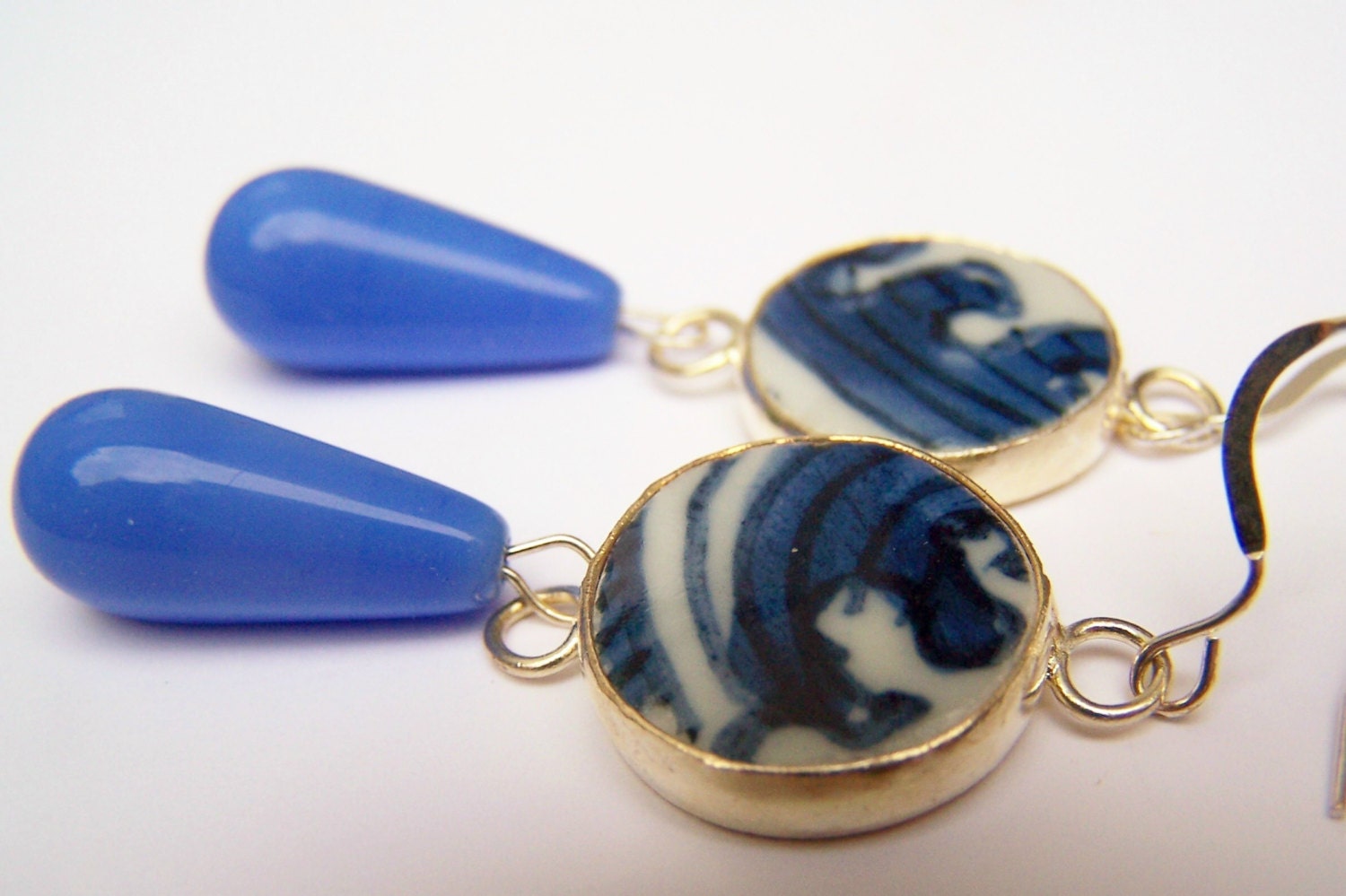Blue China Pottery Shard Earrings, Blue & White Ming Porcelain with Blue Czech Glass Drops on Sterling Silver Fishhooks - Waves