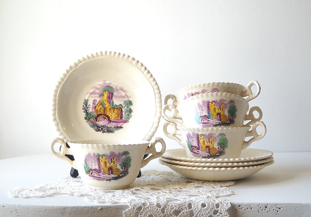 Copeland Late Spode - 4 Cream Soup Sets - Castle Landscape - Purple Yellow Green