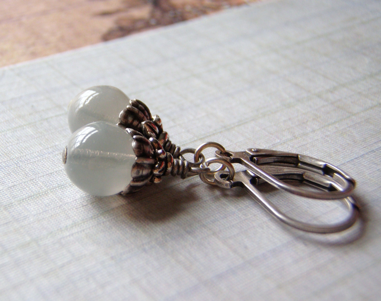 Milky Grey Earrings Antique Silver Lever Back Ear Wires