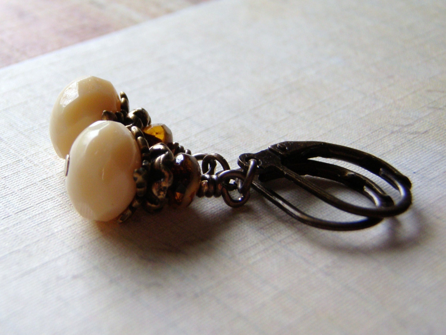 Cream and Brown Earrings, Antique Brass, Lever Back Ear Wire, Czech Glass
