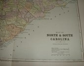 1888 NORTH and SOUTH CAROLINA Antique Map for Altered Art or Framing