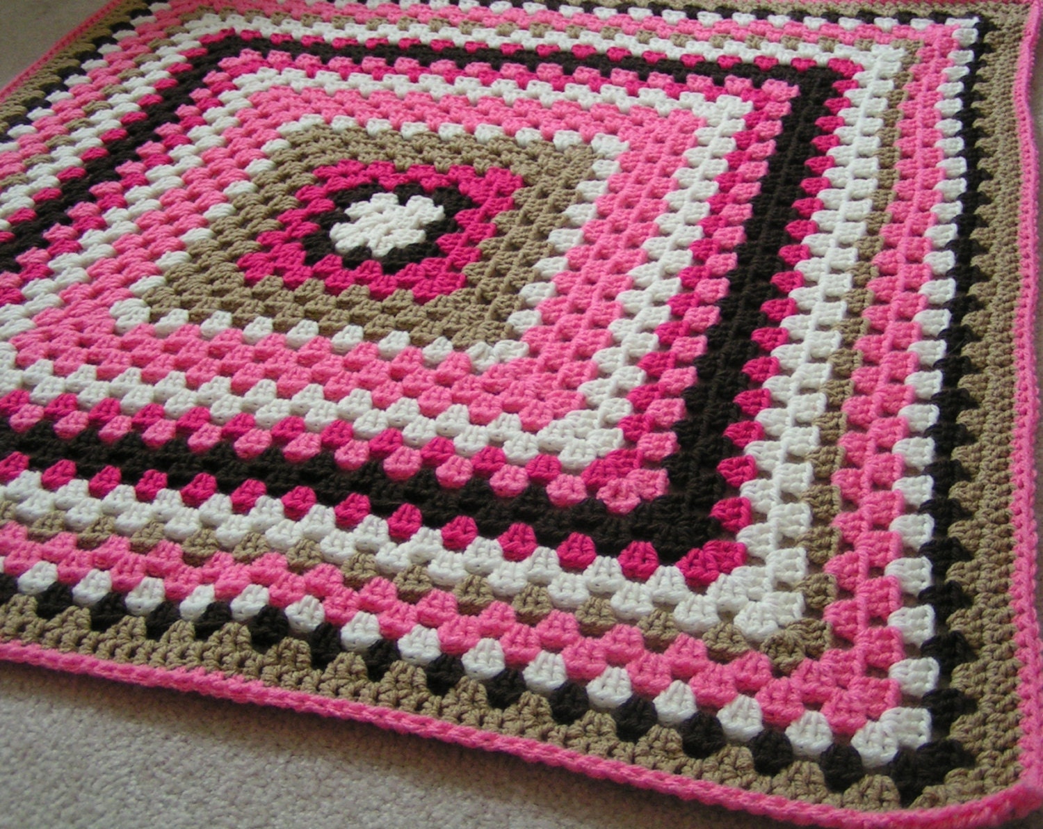 Baby Granny Square  Blanket Crochet in Pinks Browns and White Ready to Ship