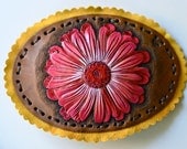 Hand Tooled Leather Magenta Pink Zinnia Belt Buckle with Scalloped Sunny Suede Ruffle. Come Spring.