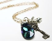 Alice in Wonderland Necklace - Swarovski Teardrop in Aqua Sky Blue, Skeleton Key & Sterling White Rabbit Charm - Fairytale Jewelry for Her