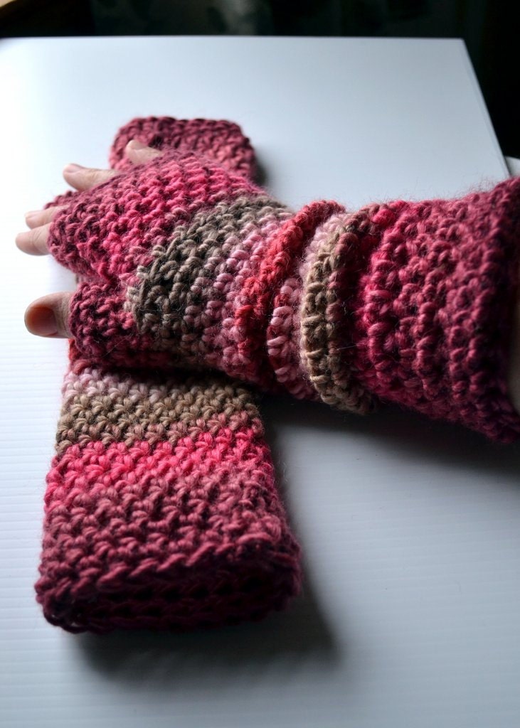 Long Arm Warmers Fingerless Gloves Raspberry Pink Striped Soy Wool