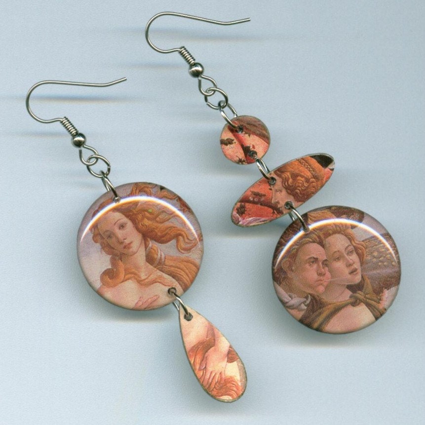 The Birth of Venus EARRINGS Botticelli recycled magazine page Asymmetrical earring